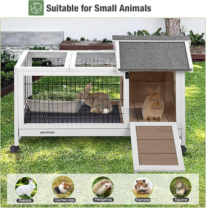 Wooden Rabbit Hutch Indoor and Outdoor, Rabbit Cage with Removable Wire Netting and Leak Proof Tray, Mobile Bunny Cage with Wheels (Brown)