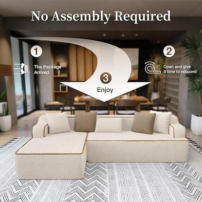 SUNSHINE VALLEY Cloud Sectional Couch for Living Room, 104'' L-Shaped Modular Sofa with Chaise, Modern Corduroy Boneless Couch with Deep Seat, No Assembly Required, Beige