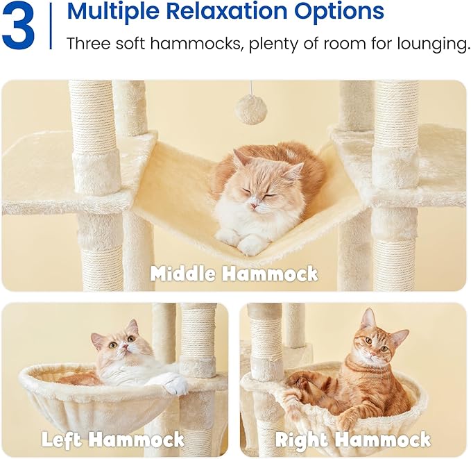 MWPO Extra Large Cat Tree, 77.6-Inch Tall Cat Tower for Indoor Cats with 2 Condos, Multi-Level Cat Stand for Large Cats, 3 Hammocks, Wide Perch, Scratching Posts, Dangling Toys, Beige