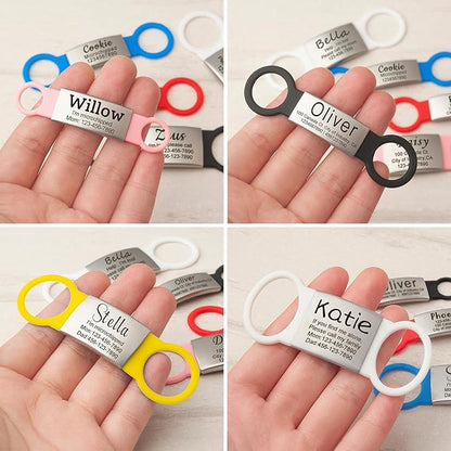 Anavia Slide On Silent Pet ID Tags, S/M/L/XL Personalized Multi-Color Silicone Band Cat Dog Name Tags, Customized Engraved Stainless Steel, Chew-Proof Quiet Dog Collar Tags (Medium, Blue)