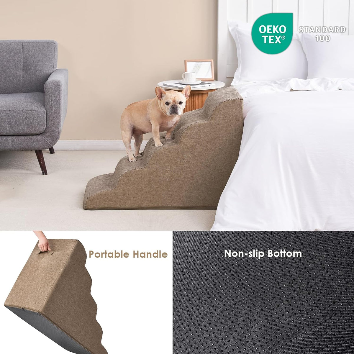 EHEYCIGA Curved Dog Stairs Ramp for High Beds, 5-Step Extra Wide Dog Steps for Small Dogs and Cats, Pet Stairs for High Bed Climbing, Non-Slip Balanced Pet Step Indoor, Camel