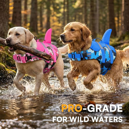 Dog Life Jacket Ripstop Dog Shark Safety Vest Adjustable Preserver with High Buoyancy and Durable Rescue Handle for Small,Medium,Large Dogs, Blue Camouflage Large