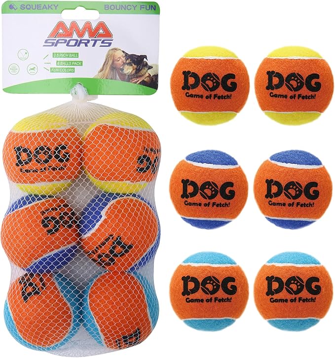 AMA SPORT Squeaky Tennis Balls for Dogs 2.5" Small Medium Dog Tennis Balls for Throwing and Fetching Dog Toys for Training, Exercise, High Bouncing 6 Pack (Multicolor A)