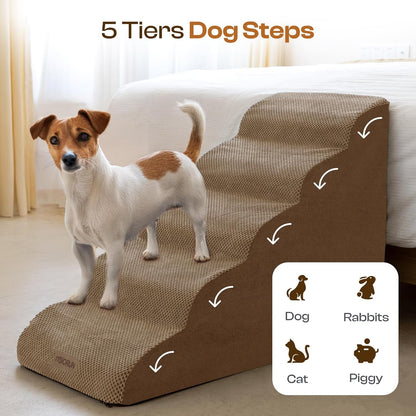 Dog Stairs for High Beds Up to 26-30", 5-Step Foam Pet Ramp with Washable Cover, Gentle Slope Steps, Bed & Couch Ladder for Small Medium Dogs & Senior Cat, Puppy Stairs to Get on Tall Furniture