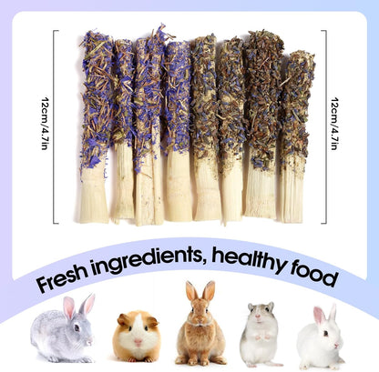 Abizoo Sweet Bamboo Rabbit Chew Sticks Treats and Toys 8Pcs Natural Hay with Forget-Me-Not Lavender for Bunny Guinea Pig Chinchilla Dental Care