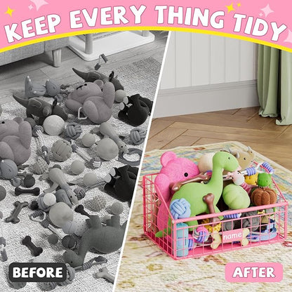 Indestructible Dog Toy basket, Small Toy Box for Dogs, Pet Toy Bin Dog Metal Basket for Toys, Toy Storage Organizer,Dog Toy Box for Living Room Area(Pink)