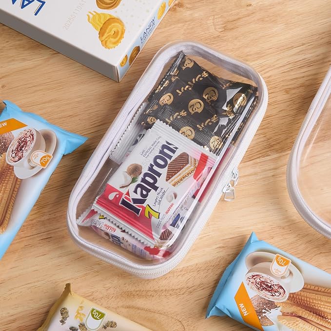 Set of 2 - Hard Sided Clear Zipper Case for Storage - Professional-Grade Plastic Hard Shell Zippered Organizers, Cosmetic Bag, Snack Bins