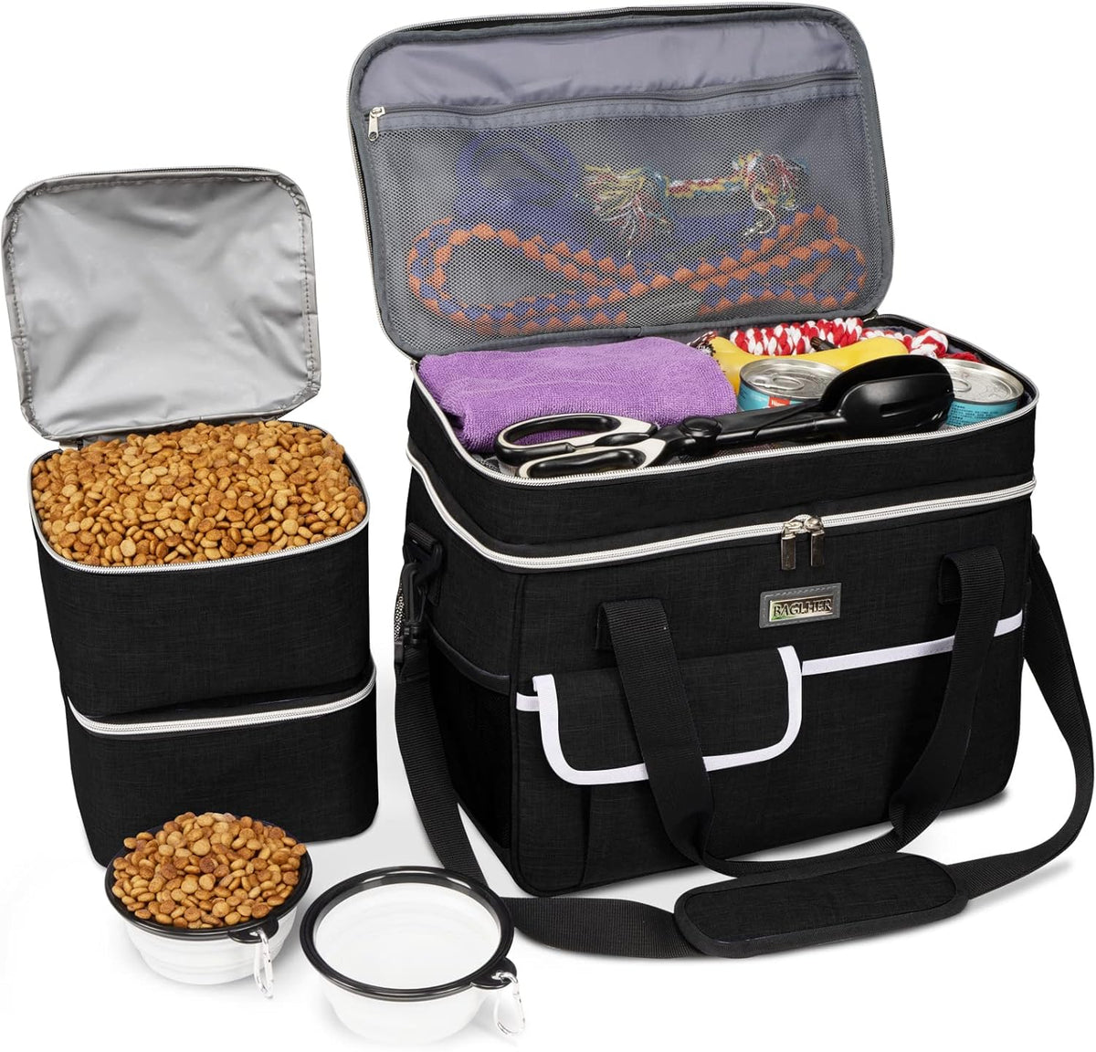 BAGLHER Dog Travel Bag for Supplies - Double-Layer Airline Approved Weekend Pet Travel Organizer Set for Dog and Cat Tote with 2 Pet Food Containers and 2 Collapsible Silicone Bowls Black