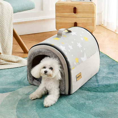 Jiupety Indoor Dog House, 2 in 1 Portable Foldable House Bed with Cover, Pet Tent & Cave Bed for Cats and Small Dogs, M(18"×14"×13"), Up to 9 Lb, Grey