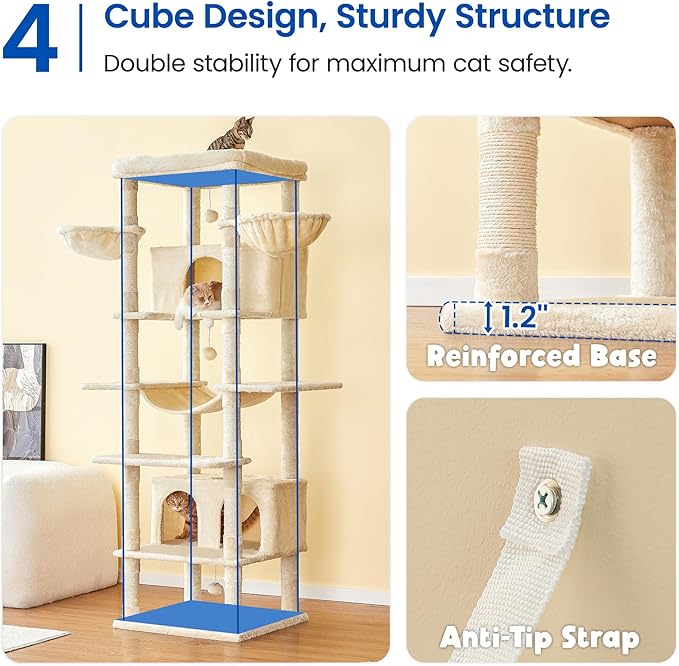MWPO Extra Large Cat Tree, 77.6-Inch Tall Cat Tower for Indoor Cats with 2 Condos, Multi-Level Cat Stand for Large Cats, 3 Hammocks, Wide Perch, Scratching Posts, Dangling Toys, Beige