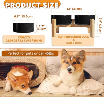 Elevated Ceramic Dog Bowl Set - Raised Dog Bowls with Non-Slip Bamboo Stand - Dog Food and Water Bowl Set - Double Dog Feeding Bowls - Suitable for Small and Medium Dogs - 28.74 OZ - 3.6 CUPS - 850 ML