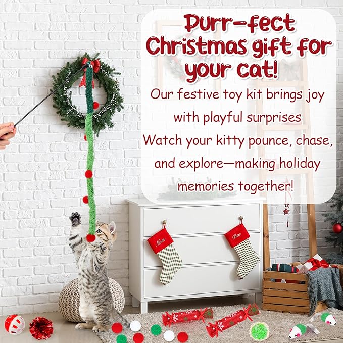 24 Pcs Cat Toys Set Interactive Kitten Toys Pack Including Collapsible Play Tunnel Feather Teaser Wand Fuzzy Ball Springs Pillow Mouse Bells for Indoor Cats Puppy (Green Red,Christmas)