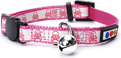 Pawtitas Halloween Cat Collars for Cats Adjustable Collar Glow in The Dark Feature and Safety Breakaway Buckle and Removable Bell to Match Your Halloween Cat's Costume - Pink Skulls Pattern