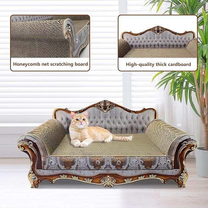 Luxury Cardboard Cat Scratcher Sofa Couch Bed, Couch Shaped Scratching Board, Scratch Lounge with Catnip, Cat Scratcher for Indoor Cats Grey