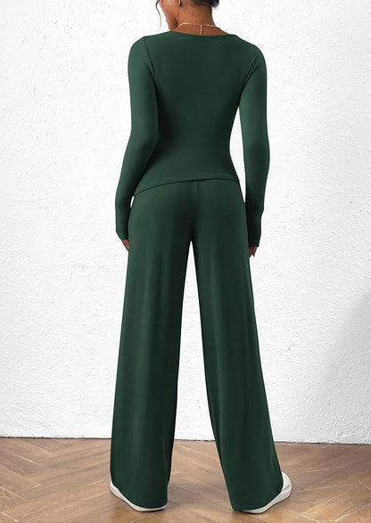 PRETTYGARDEN Women's 2 Piece Lounge Sets Asymmetrical Long Sleeve T Shirt Wide Leg Pants Casual Outfits Tracksuit