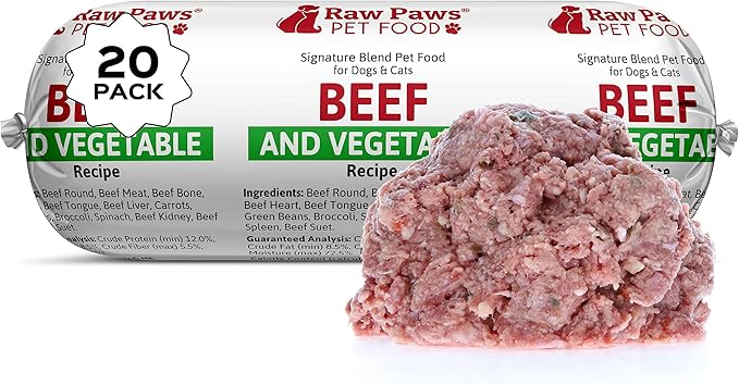 Raw Paws Signature Blend Pet Food for Dogs & Cats - Beef and Vegetables Recipe, 1-lb Rolls (20 Pack) - Fresh Pet Food Made in USA - Natural Dog Food Rolls - Raw Frozen Blend Dog & Cat Food