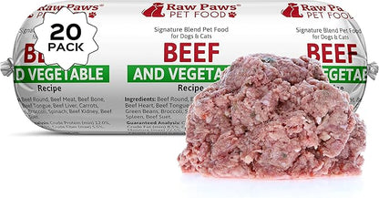 Raw Paws Signature Blend Pet Food for Dogs & Cats - Beef and Vegetables Recipe, 1-lb Rolls (20 Pack) - Fresh Pet Food Made in USA - Natural Dog Food Rolls - Raw Frozen Blend Dog & Cat Food