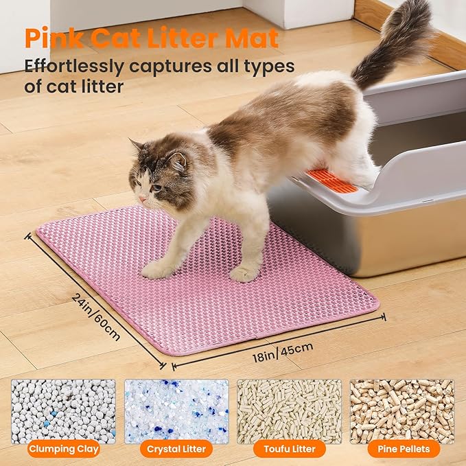 Cat Litter Mat, 24x18 Inches Large Double Layer Honeycomb Cat Litter Trapping Mat, Non Slip Waterproof Urine Proof Cat Litter Box Mat for Floor, Kitty Litter Rug, Cat Supplies, Pink