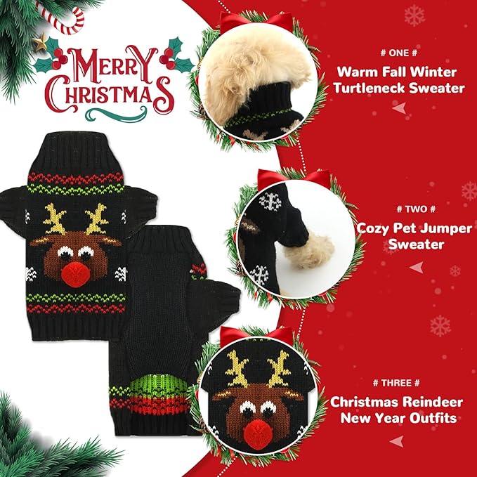 PETCARE Dog Christmas Sweater Black Ugly Funny Cute Cartoon Reindeer Cat Sweaters Jumper Holiday Dog Clothes Puppy Sweaters for Small Medium Large Dogs Fall Winter Outfits Xmas Dogs Costume,X-Small