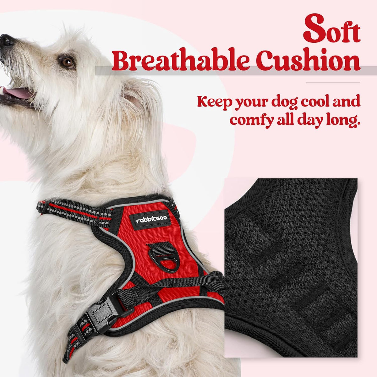 rabbitgoo Dog Harness No Pull with 2 Leash Clips, Adjustable Soft Padded, Reflective Oxford No Choke Pet Vest with Easy Control Handle for Puppy, Red,XS