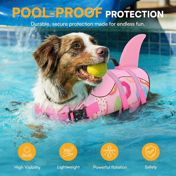 Dog Life Jacket, Dog Life Vest for Swimming, Doggie Shark Swimming Vest with Rescue Handle, Adjustable Reflective Pet Lifesaver Preserver for Small Dogs, Pink Donut S