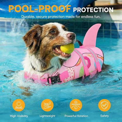 Dog Life Jacket, Dog Life Vest for Swimming, Medium Dogs Shark Swimming Safety Vest Adjustable Preserver with High Buoyancy, Pet Lifesaver for Medium Dogs, Pink Donut M