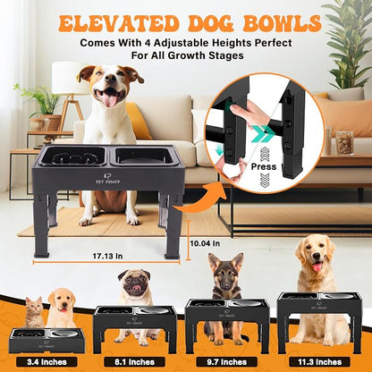 Elevated Dog Bowls with Collapsible Scoop, Slow Feeder Dog Bowls & No-Spill Water Bowl, Raised Dog Bowl Stand 4 Adjustable Heights for Small, Medium & Large Dogs