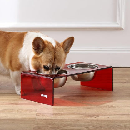 DBL2000H Keaton 5" Small/Medium Modern Acrylic Rectangular Elevated Pet Feeder with 20oz 2-Stainless Steel Bowls, Red/Chrome