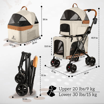 Double Pet Stroller with Detachable Carriers - Ideal for 2 Dogs or Cats - Compact & Convenient Design - Easy Assembly Double Dog Stroller - Cosmic Beige