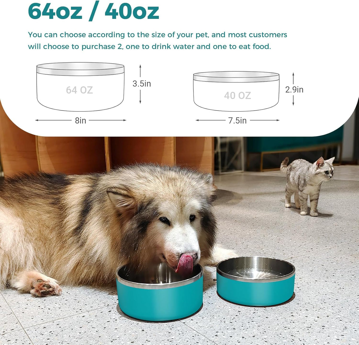 Dog Bowl, Stainless Steel Dog Food and Water Bowl with Non Slip Quiet Bottom, Easy to Clean, Dishwasher Safe, 64oz, Lake Blue