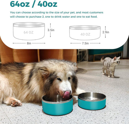 Dog Bowl, Stainless Steel Dog Food and Water Bowl with Non Slip Quiet Bottom, Easy to Clean, Dishwasher Safe, 64oz, Lake Blue