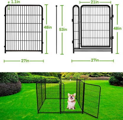 Tall Garden Fence Animal Barrier,Wide Gate Low Threshold Fence Panels, 48in(H) 4 Panels Total 8.9 Ft(L) Flower Bed Fencing, Heavy Metal Dog Fence Outdoor for Yard