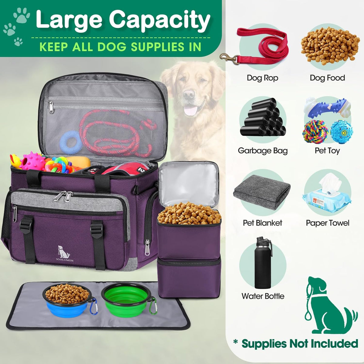 IGOLUMON Dog Travel Bag Large Pet Travel Bags Set for Supplies Weekend Dog Travel Kit Tote Organizer Multi-Pockets Dog Food Travel Bag with 2 Large Food Containers, 2 Dog Bowls, 1 Feeding Mat, Purple