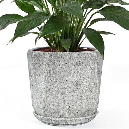 10 Inch Ceramic Plant Pot with Drainage Hole Mesh Net, Large Flower Pots for Indoor Plants with Saucer, Gardening Pots Outdoor (Gray-dot)