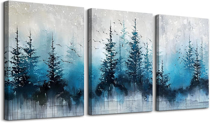 TTHYUEWS Boho Wall Art For Living Room Canvas Wall Decor For Bedroom Forest Landscape Wall Pictures Blue Tree Abstract Wall Paintings Artworks Ready To Hang Office Aesthetic Wall Decoration 3 Piece