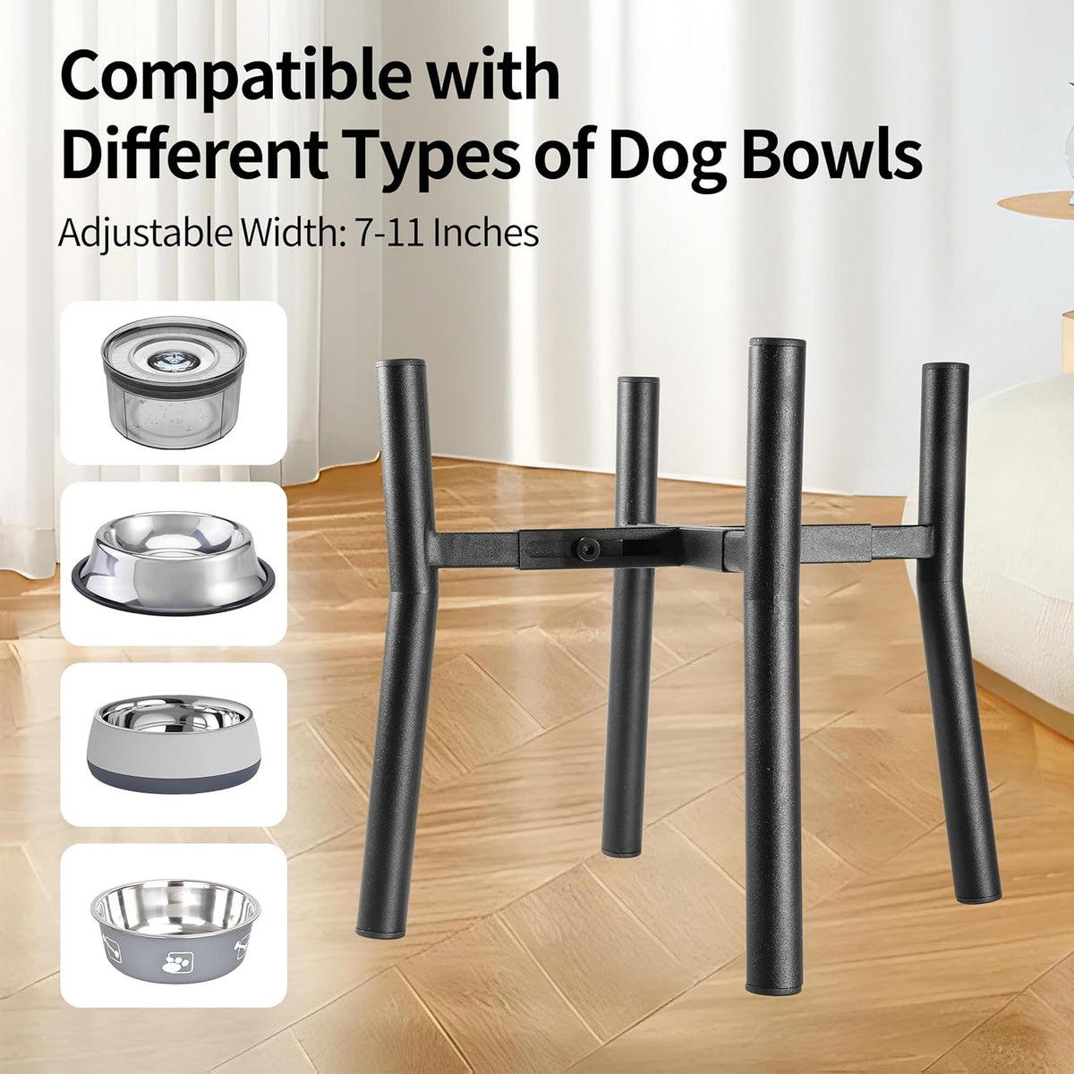 Lifted Dog Bowl Stand - Without Bowls, Single Raise Pet Food Table Adjustable Wide 7-11", Tall 12" - Bowl Stand Size Optional, Dog Bowl Holder Elevated for Small Medium Large Dog Breed