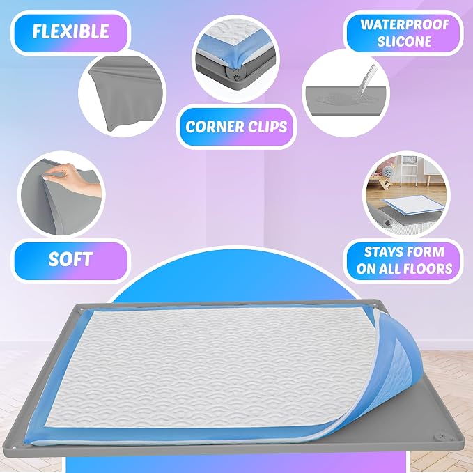 Dog Pee Pad Holder Tray Fits for 28” x 34” Pee Pads - 1 Pack - Light Grey | Corner Lock Holes, Raised Edges, Non-Spill, Easy to Clean Silicone Dog Potty Tray Holder, For Indoor Floor Protection