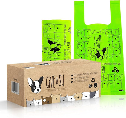 Certified Home Compostable Dog Poop Bags with Handles - 10% to Charity - ASTM D6400 & EN 13432 Compliant - 240 x Large Plant Based Compostable Poop Bags (1 Pantry Roll)