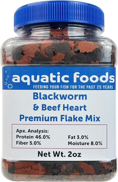 Aquatic Foods Inc. California Blackworm & Beef Heart Premium Flakes for Discus, Cichlids All Community Tropical Fish Also Wafer Mix, Pellet Mix Included…2oz Jar