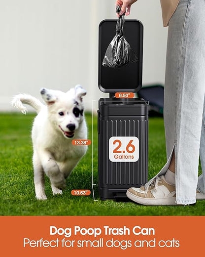 Small Trash Can with Lid Soft Close-10L/2.6 Gal Stainless Steel Outdoor Dog Poop Garbage Can-Metal Waste Bins with Pedal for Bathroom Bedroom Office-Black