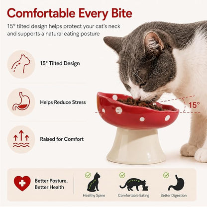 Purple Mushroom Cat Bowl, Elevated Ceramic Bowl for Cats | Elevated, Ceramic, Whisker Friendly, Wide Opening, Dishwasher Safe,durable
