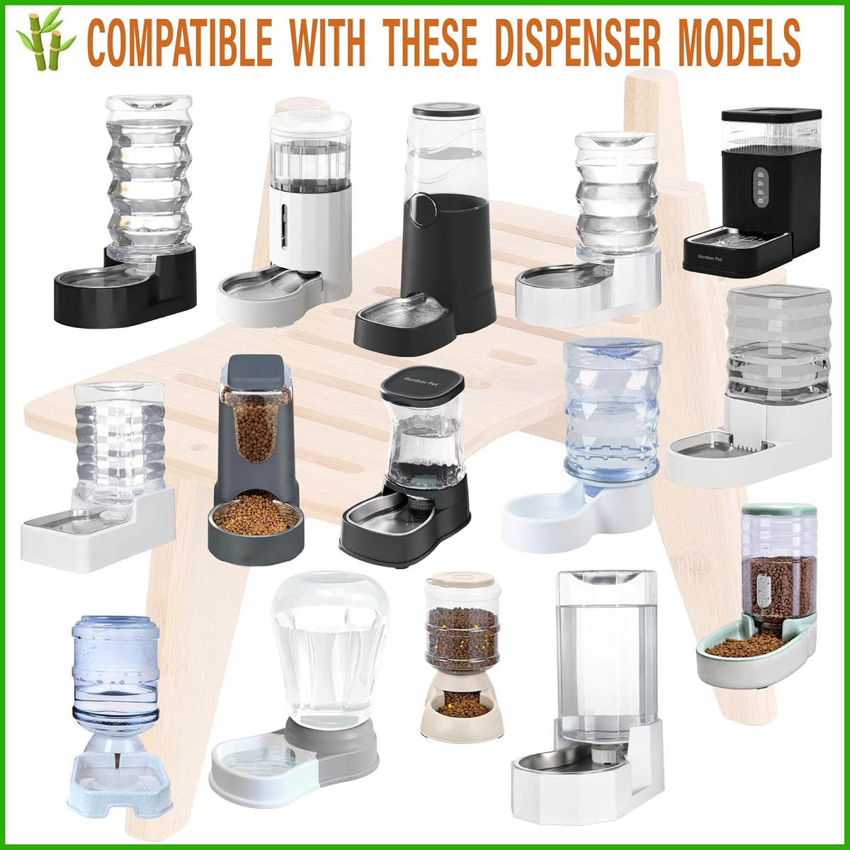 Dog Water Bowl Dispenser Stand - Compatible with Automatic and Gravity Water/Food Dispensers - Adjustable Width, Holds Various Sizes [See Photos for Measurements] - Bamboo