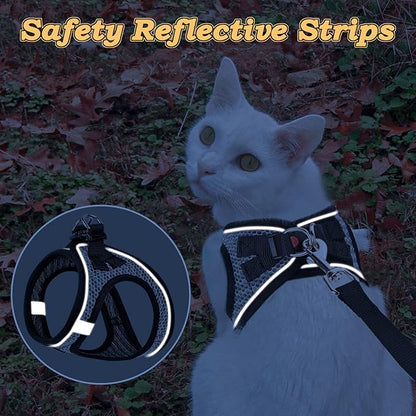 Cat Harness and Leash for Walking Escape Proof, Adjustable Kitten Vest Harness Reflective Soft Mesh Puppy Harness for Outdoor, Comfort Fit, Easy to Control (Grey, L)