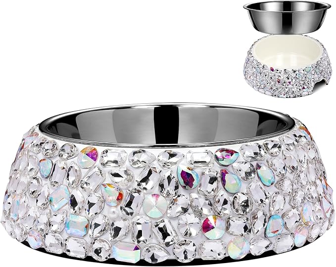 SlowVibes Sparkle Stainless Steel Dog Cat Bowl, Detachable, 7oz | Big rhinestone metal food or water bowl for small dogs and cats, rust-resistant non-slip puppy dish, sparkle pet essential