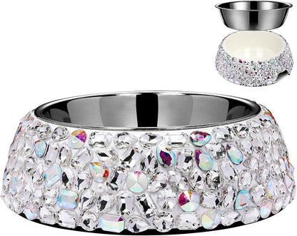 SlowVibes Sparkle Stainless Steel Dog Cat Bowl, Detachable, 7oz | Big rhinestone metal food or water bowl for small dogs and cats, rust-resistant non-slip puppy dish, sparkle pet essential