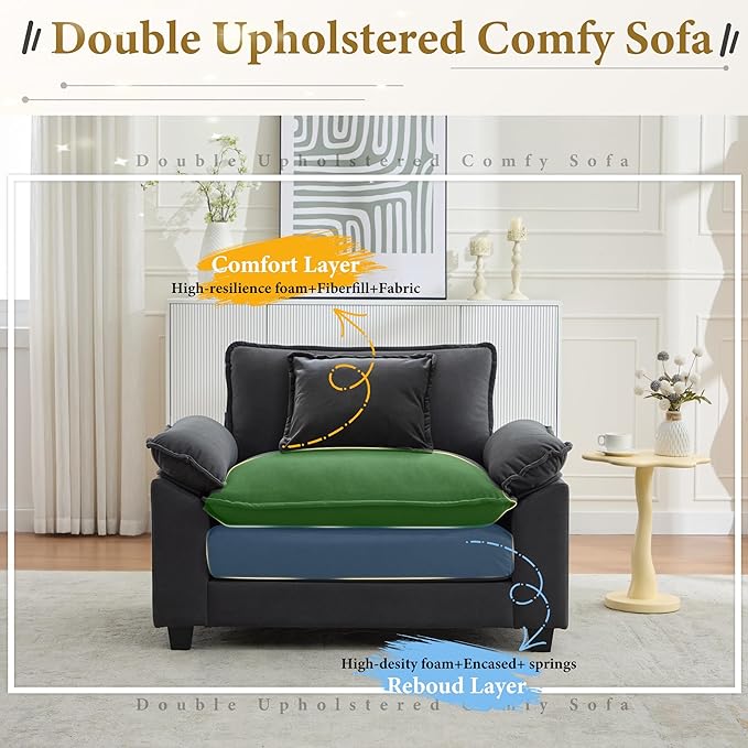 URRED Modular Sectional Sofa Comfy Cloud Couch, Modern Velvet Sofa Sleeper Deep Seat Couches with Ottoman/Pillows for Living Room (Dark Gray, 53'')