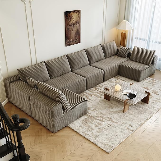 168.5" Modular Sectional Sofa, Oversized U-Shaped Minimalist Couches with 3 Middle Seats Chaise, Modern Deep Seat Convertible Sleeper Sofa, Cloud Plush Corduroy Fabric,7 Seater, Camel