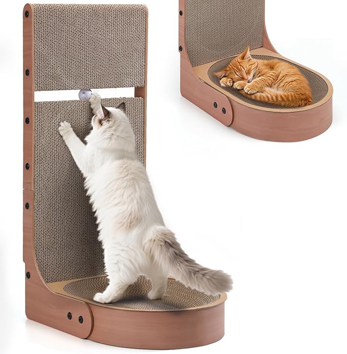 Cat Scratcher, 2 in 1 Multifunctional 26.8 Inch L Shape Cat Scratch Pad Wall Mounted with Oval Cat Bed Bowl and Built-in Toy Balls for Indoor Cats (1 PCS Cat Scratcher Include Toy Balls)