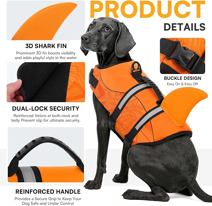 Dog Life Jacket High Flotation, Reflective Dog Life Vest for Swimming, Adjustable Dogs Life Preserver Rescue Handle Spring Summer Pool for Small, Medium, Large Dogs (OrangeLines,XXL)