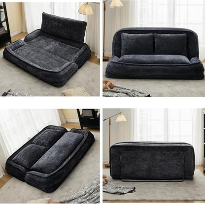 Foldable Lazy Sofa Bed, Double Human Dog Bed for Adults, Black | Skin-friendly Breathable Soft Chenille Upholstered, 5 Adjustable Backrest Positions, 3 Soft Cushions for Living Room